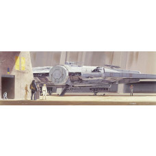 Een fotobehang van Star Wars Classic met de Millennium Falcon in een panoramische ruimtegevechtsscčne.