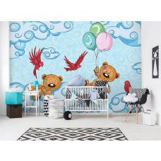 Een fotobehang van teddyberen in de babykamer met wolken voor de jongenskamer.