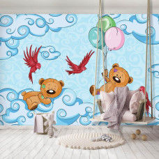 Een fotobehang van teddyberen in de babykamer met wolken voor de meisjeskamer.