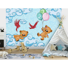 Een fotobehang van teddyberen in de babykamer met wolken voor de speelkamer.