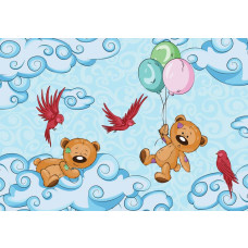 Fotobehang van teddyberen in een babykamer met wolken, kleurrijk en vrolijk.