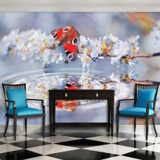 Een fotobehang met een vlinder die zich weerspiegelt in het water, omringd door bloemen, dat een magische en natuurlijke sfeer geeft.