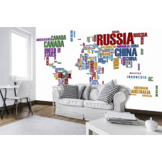 Een wereldkaart behang met aardetekst en landen voor de woonkamer.