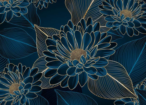 Een fotobehang met chrysanten bloemenpracht, waarin sierlijke gouden chrysanten op een diepgroene achtergrond zorgen voor een luxueuze en elegante uitstraling.