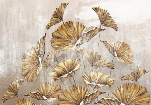 Gouden bloemen op een betonnen muur, kunstzinnig afgebeeld in een combinatie van planten en bloemen op dit fotobehang.