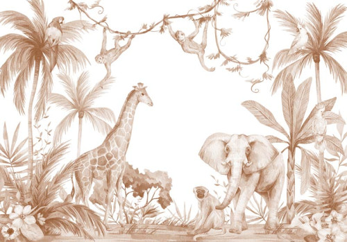 Een fotobehang in terracotta kleuren met allemaal dieren zoals een olifant, aap, giraffe en een papegaai in de jungle.