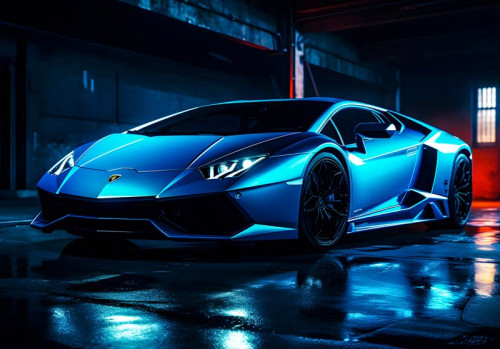 Neon Lamborghini Aventador afgebeeld in een futuristische raceomgeving, weergegeven op dit energieke fotobehang.