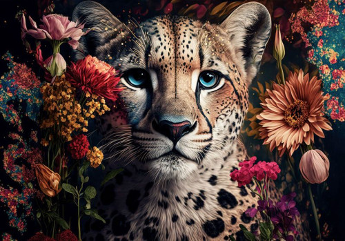 Fotobehang met een panter die tussen prachtige bloemen ligt. De gedetailleerde weergave van deze panter in een exotische setting maakt dit een indrukwekkend stuk wanddecoratie.