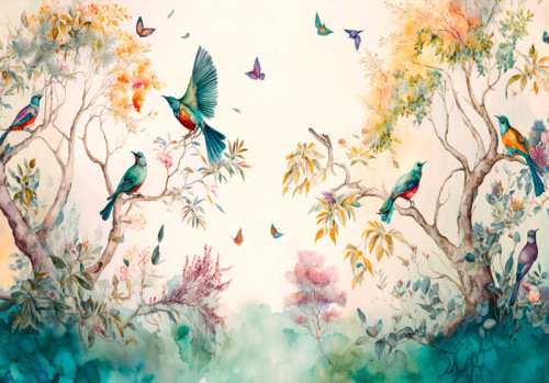 Fotobehang van vlinders en vogels geschilderd in aquarel, met bomen en kunstzinnige details.