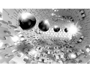 3D-behang met metalen ballen en puzzelstukken in zilver, modern geometrisch design.