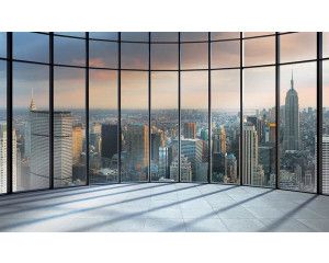 3D-fotobehang van de New York skyline, met uitzicht op de stad en ramen.