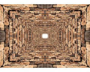 3D fotobehang van een stenen tunnel met bakstenen en een gang met diepte-effect.