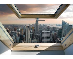 3D fotobehang met een raamuitzicht op de skyline van New York.