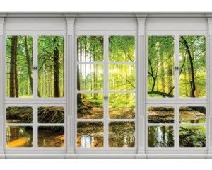 Zonnig bos met bomen en zonnestralen, vastgelegd op 3D-perspectief fotobehang.