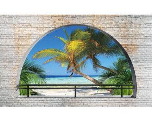 3D-fotobehang met uitzicht op een tropisch strand met palmbomen en een stenen muur, ideaal voor een sfeervolle wanddecoratie.