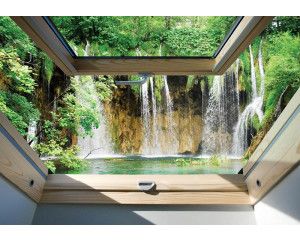 3D fotobehang met uitzicht op grote watervallen, water dat naar beneden stroomt.