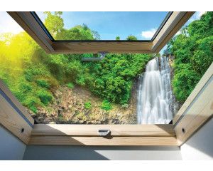 3D fotobehang met uitzicht op een waterval in een jungle, omringd door tropische planten.