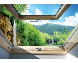 3D fotobehang met uitzicht op watervallen in een bos, natuurkracht in volle glorie.