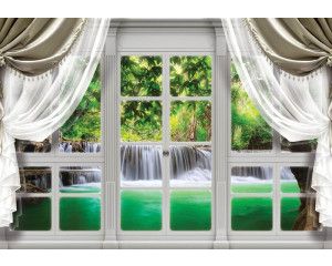 3D-fotobehang van een waterval die door een raam zichtbaar is, met 3D-effecten.