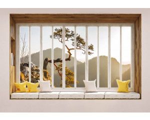 Fotobehang met uitzicht door een raam op een berglandschap in 3D-perspectief.