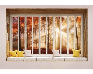 3D-perspectief fotobehang van uitzicht door een raam op een boslandschap.