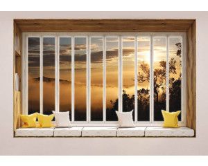 3D-perspectief fotobehang van uitzicht door het raam op een mistig bos met bomen.