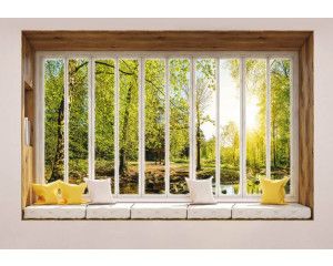 Uitzicht door een raam op een zonnig bos met zonnestralen op 3D-fotobehang.