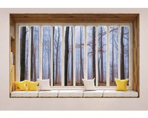 Uitzicht op een herfstachtig bos door een raam met 3D-perspectief op fotobehang.