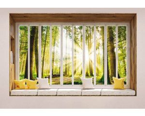 3D-perspectief fotobehang van een zonnig bos, weergegeven vanuit een raam.