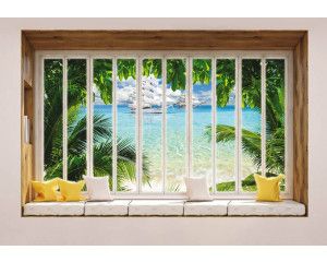 Zeezicht door een raam op een 3D-perspectief fotobehang.