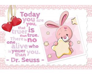 Fotobehang met konijntjes en spreuken, vrolijk en kleurrijk.