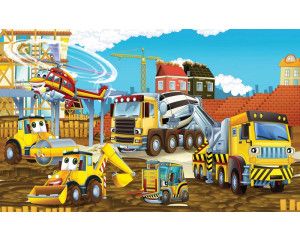 Kinderbehang met graafmachines en bouwplaats kranen, ideaal voor een stoere kinderkamer.