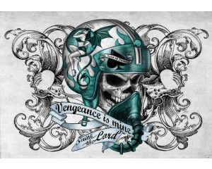 Behang van Vengeance is mine met skull en motorhelm, perfect voor slaapkamers.