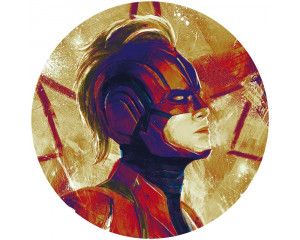 Captain Marvel helm in schilderstijl, afgebeeld op een Marvel behangcirkel.