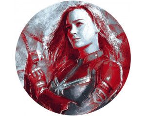 Schildering van Captain Marvel, krachtig weergegeven op een Marvel behangcirkel.