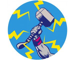 Thor's hamer in pop-art stijl, krachtig weergegeven op een Marvel behangcirkel.