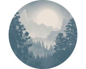 Blauwe vallei met bergen en landschappen op een muurcirkel.