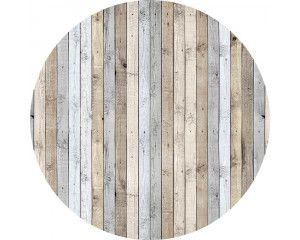 Gekleurde houten planken in vintage stijl, afgebeeld op een industriële behangcirkel.