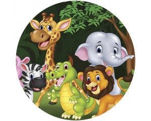 Een behangcirkel met kleurrijke jungle dieren, perfect voor een kinderkamer met een tropisch thema.