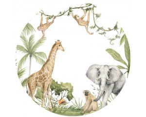 Behangcirkel met kleurrijke jungle dieren in hun natuurlijke omgeving, perfect voor een kinderkamer of junglekamer.