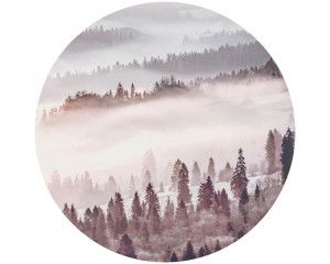 Mistig bos met bomen die verdwijnen in de nevel op een muurcirkel.