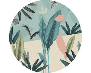 Plantenkunst met botanische accenten op een behangcirkel.