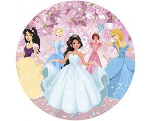 Prinsessen in een sprookjeskasteel afgebeeld op een sierlijke behangcirkel voor de kinderkamer.