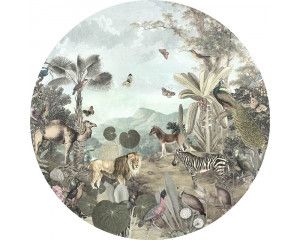 Utopia met dieren in een rijke, fantasierijke setting op een muurcirkel.