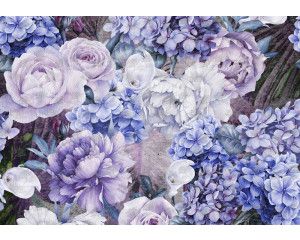 Paars en blauw bloemenkunst fotobehang, abstracte vormen en kleuren.