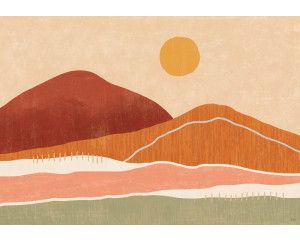 Fotobehang met een boho landschap van glooiende heuvels in aardse tinten en zachte lijnen.