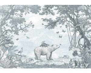 Bosdieren behang in het groen met een beer en andere bosdieren omringd door het bos.