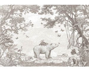 Bosdieren behang in taupe met een beer en andere bosdieren in een bosachtige omgeving; zachte taupe tinten en een gedetailleerde print.