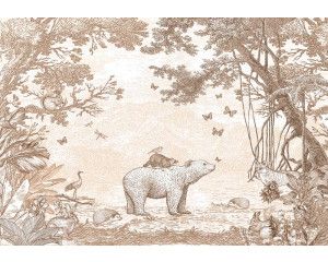 Bosdieren behang in terracotta kleuren met een beer en andere bosdieren in een bosrijke omgeving.