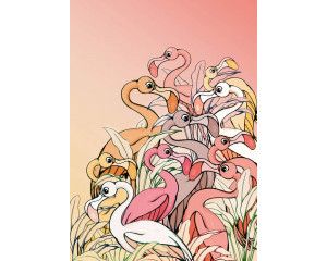 Fotobehang met felgekleurde flamingo's, perfect voor een kinderkamer met een exotisch thema.